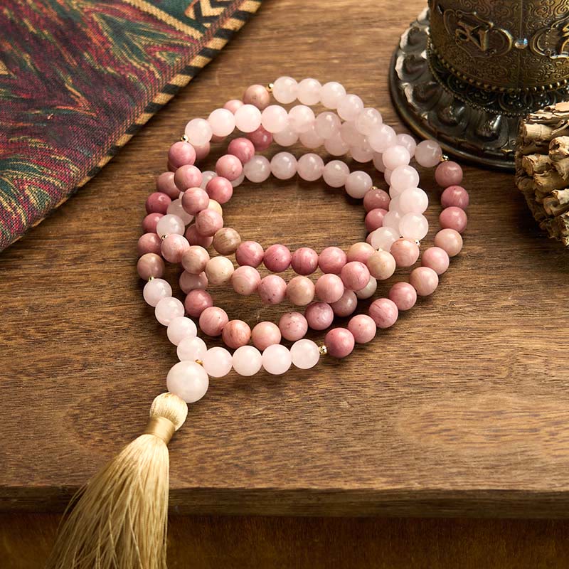 Bracelet de guérison à pampilles en quartz rose et rhodonite avec 108 perles de Mala Buddha Stones