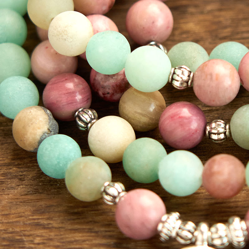 Bracelet de guérison Lotus en rhodonite et amazonite avec 108 perles de Mala Buddha Stones