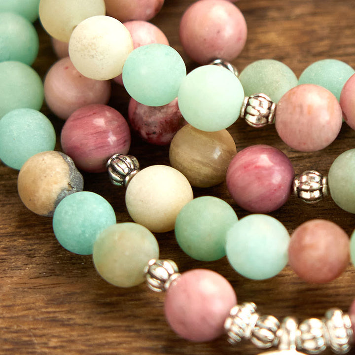 Bracelet de guérison Lotus en rhodonite et amazonite avec 108 perles de Mala Buddha Stones