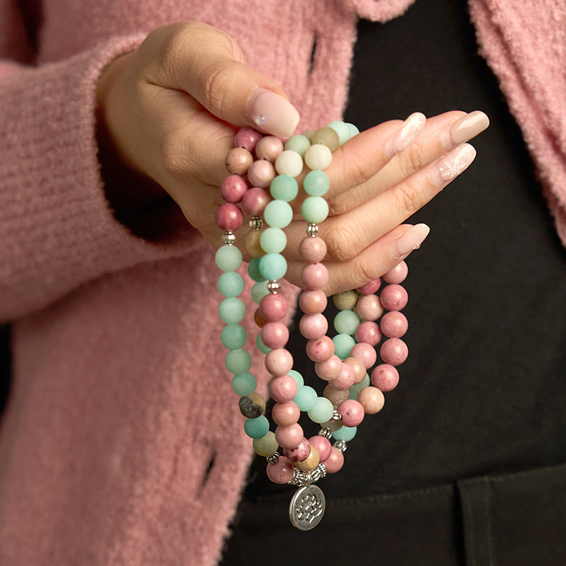 Bracelet de guérison Lotus en rhodonite et amazonite avec 108 perles de Mala Buddha Stones