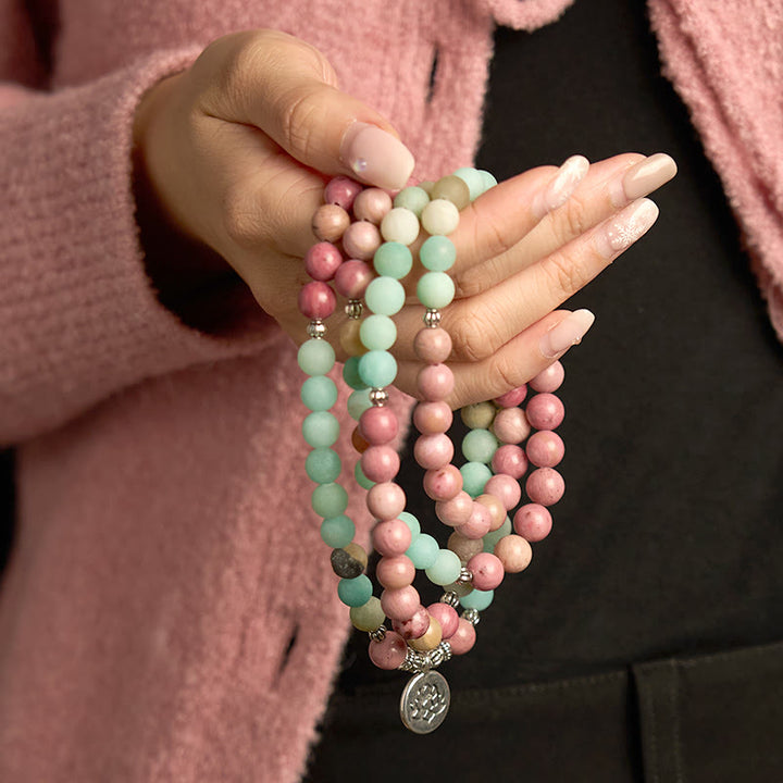 Bracelet de guérison Lotus en rhodonite et amazonite avec 108 perles de Mala Buddha Stones