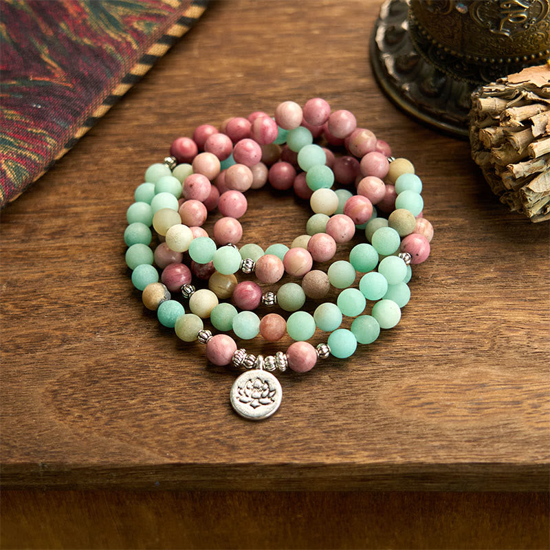 Bracelet de guérison Lotus en rhodonite et amazonite avec 108 perles de Mala Buddha Stones