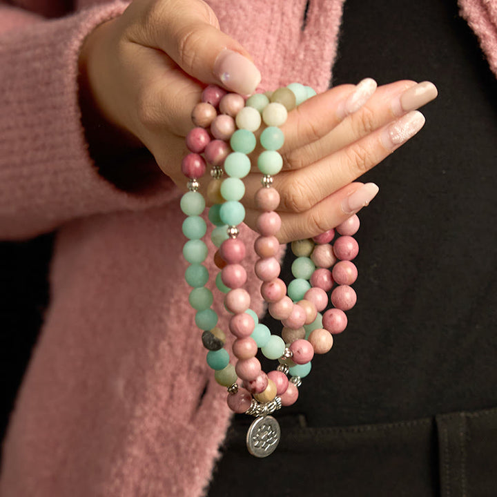 Bracelet de guérison Lotus en rhodonite et amazonite avec 108 perles de Mala Buddha Stones