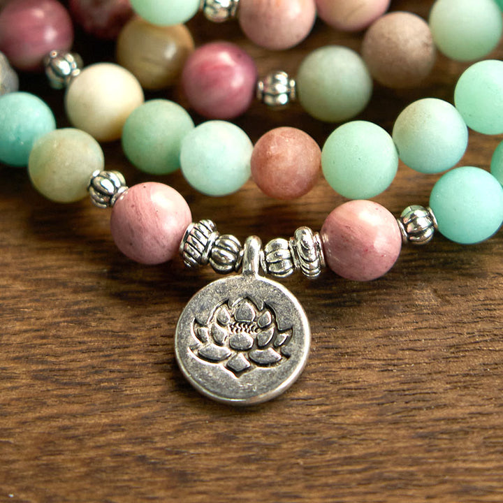 Bracelet de guérison Lotus en rhodonite et amazonite avec 108 perles de Mala Buddha Stones