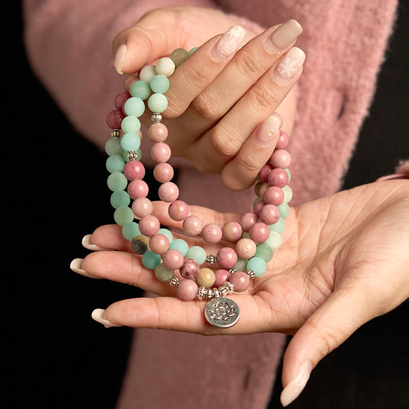 Bracelet de guérison Lotus en rhodonite et amazonite avec 108 perles de Mala Buddha Stones