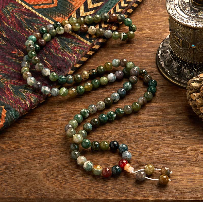 Bracelet de guérison multi-tours en pierre naturelle d'agate mousse de 108 perles Mala Buddha Stones
