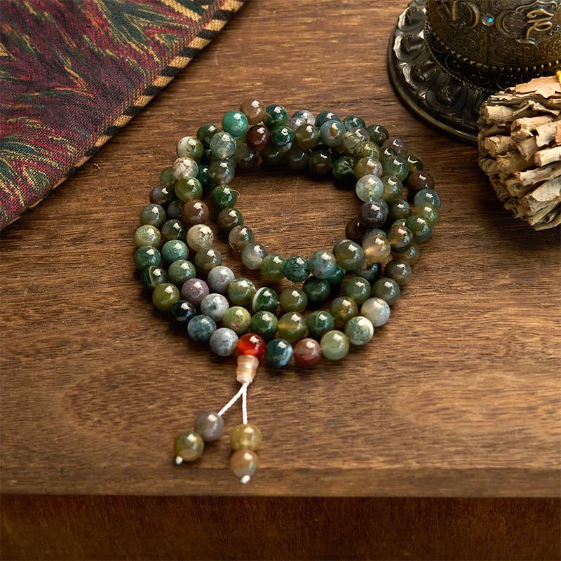 Bracelet de guérison multi-tours en pierre naturelle d'agate mousse de 108 perles Mala Buddha Stones