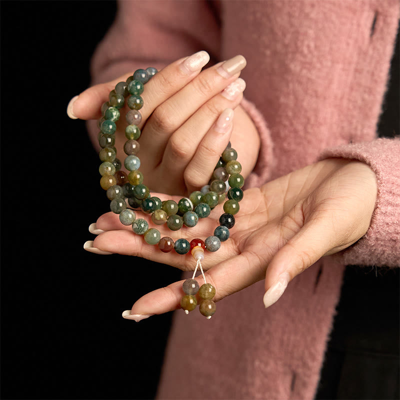 Bracelet de guérison multi-tours en pierre naturelle d'agate mousse de 108 perles Mala Buddha Stones