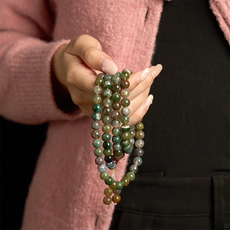 Bracelet de guérison multi-tours en pierre naturelle d'agate mousse de 108 perles Mala Buddha Stones