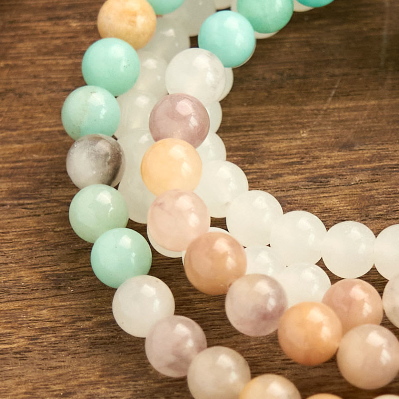 Bracelet de guérison à pompon blanc en jade blanc naturel et amazonite avec 108 perles de Mala Buddha Stones