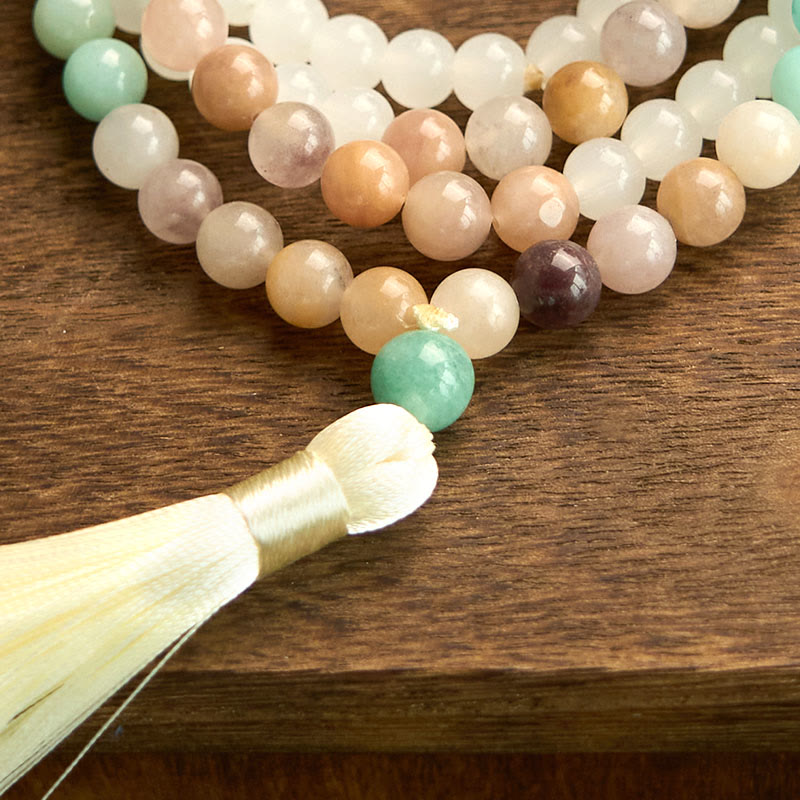 Bracelet de guérison à pompon blanc en jade blanc naturel et amazonite avec 108 perles de Mala Buddha Stones