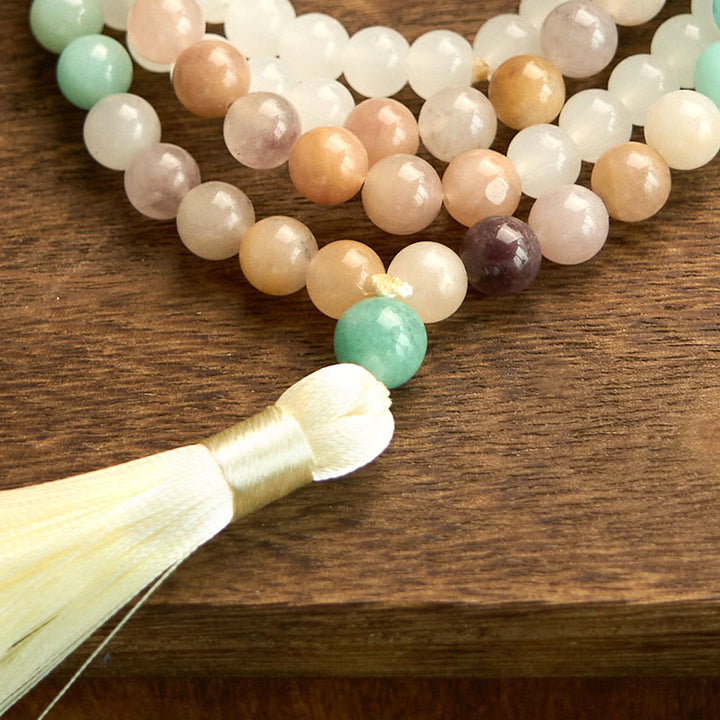 Bracelet de guérison à pompon blanc en jade blanc naturel et amazonite avec 108 perles de Mala Buddha Stones