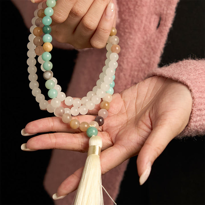 Bracelet de guérison à pompon blanc en jade blanc naturel et amazonite avec 108 perles de Mala Buddha Stones