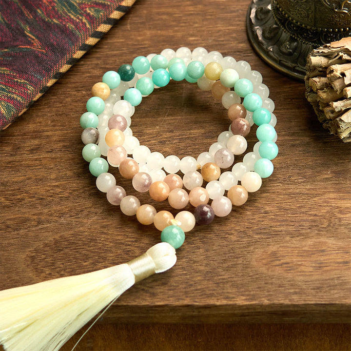 Bracelet de guérison à pompon blanc en jade blanc naturel et amazonite avec 108 perles de Mala Buddha Stones