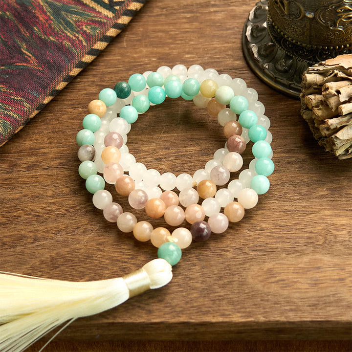 Bracelet de guérison à pompon blanc en jade blanc naturel et amazonite avec 108 perles de Mala Buddha Stones
