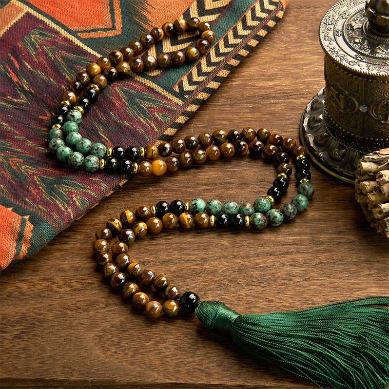 Bracelet de protection à pampilles en perles turquoise œil de tigre en pierre naturelle Mala 108 Buddha Stones