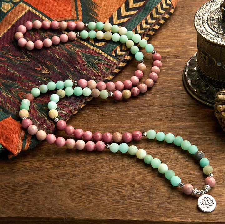 Bracelet de guérison Lotus en rhodonite et amazonite avec 108 perles de Mala Buddha Stones