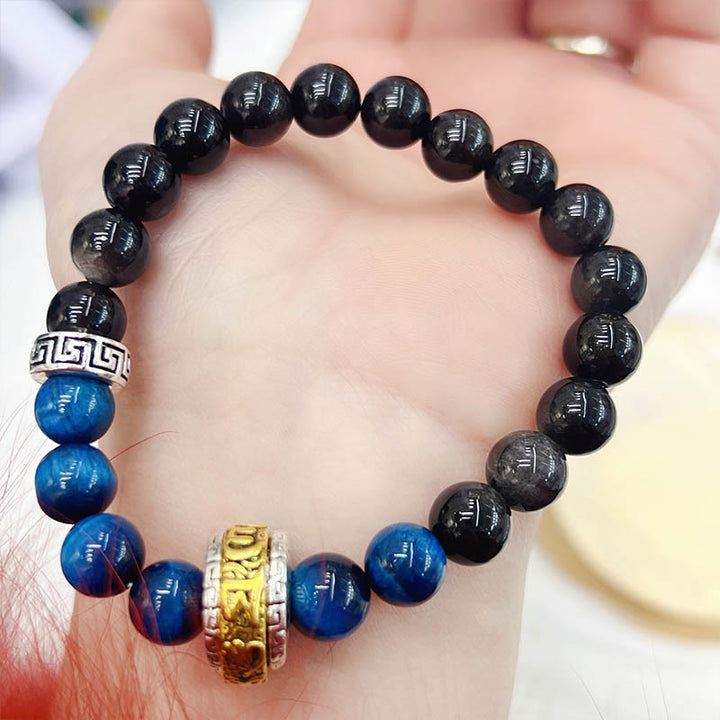 Bracelet de protection œil de tigre bleu en obsidienne argentée et brillante de Buddha Stones