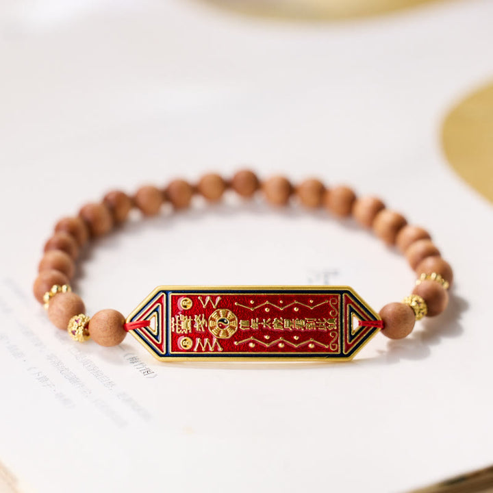 Bracelet d'harmonie en cuivre plaqué or avec perles en bois de santal et Buddha Stones, caractère chinois Bagua Yin Yang