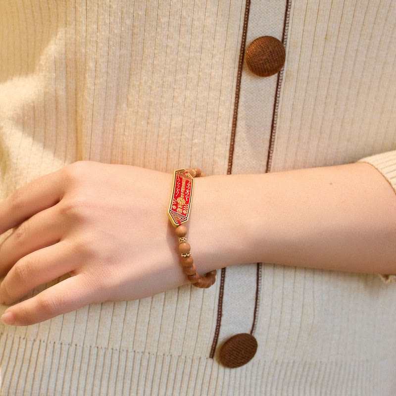 Bracelet d'harmonie en cuivre plaqué or avec perles en bois de santal et Buddha Stones, caractère chinois Bagua Yin Yang