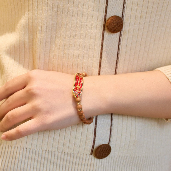 Bracelet d'harmonie en cuivre plaqué or avec perles en bois de santal et Buddha Stones, caractère chinois Bagua Yin Yang