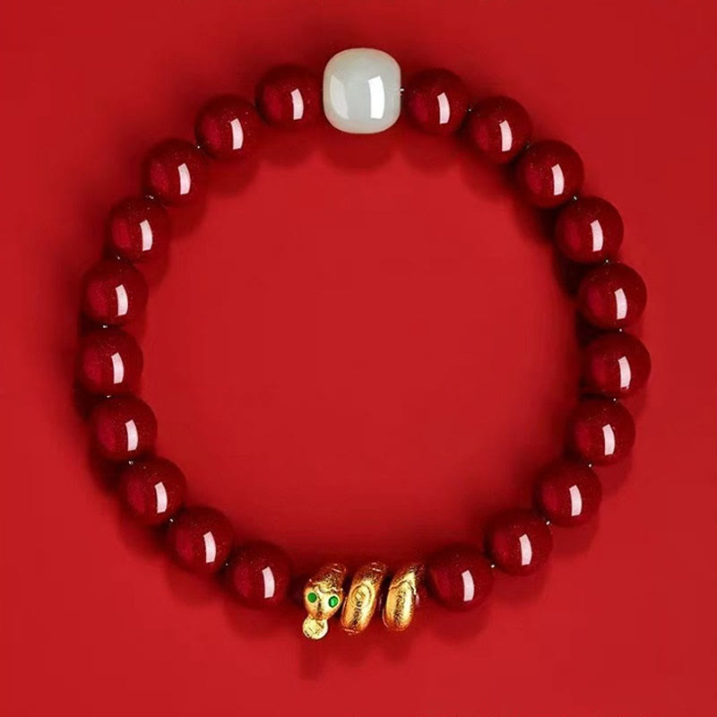 Bracelet de bénédiction de l'année du serpent en jade Hetian avec perles de cinabre et Buddha Stones