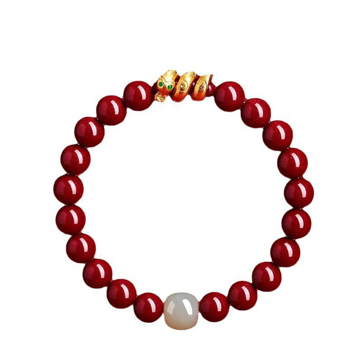 Bracelet de bénédiction de l'année du serpent en jade Hetian avec perles de cinabre et Buddha Stones