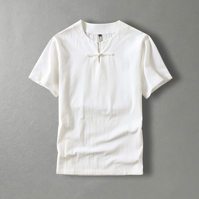 Chemise décontractée à manches courtes et un bouton en coton et lin pour homme avec Buddha Stones - Blanc - US/UK/AU54,EU64 (9XL) - image 1