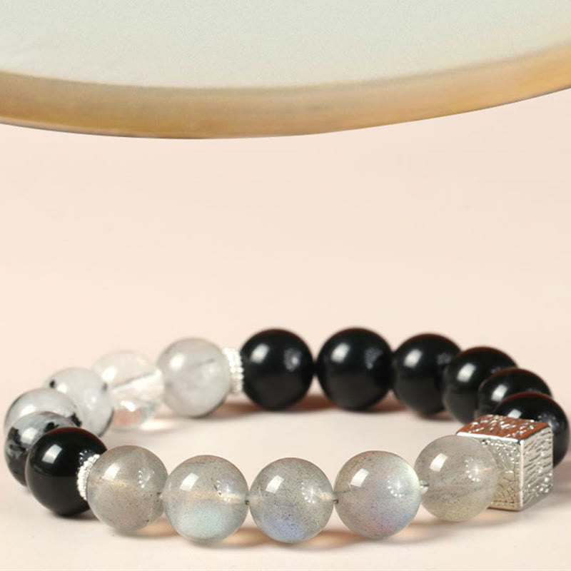 Bracelet de force en forme de cube en pierre de lune et quartz rutile noir en obsidienne noire Buddha Stones