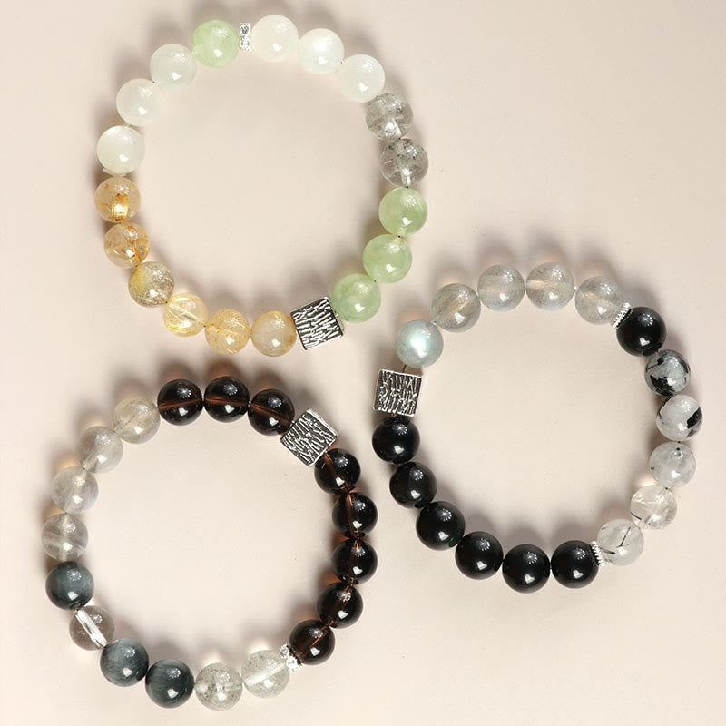 Bracelet de force en forme de cube en pierre de lune et quartz rutile noir en obsidienne noire Buddha Stones