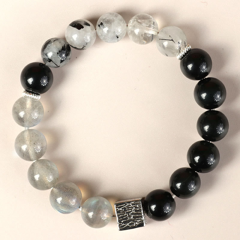 Bracelet de force en forme de cube en pierre de lune et quartz rutile noir en obsidienne noire Buddha Stones
