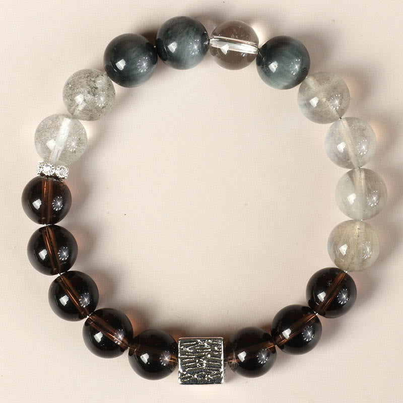 Bracelet de force en forme de cube en pierre de lune et quartz rutile noir en obsidienne noire Buddha Stones