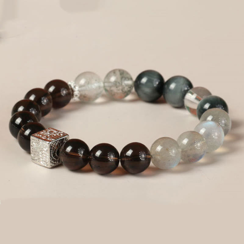 Bracelet de force en forme de cube en pierre de lune et quartz rutile noir en obsidienne noire Buddha Stones