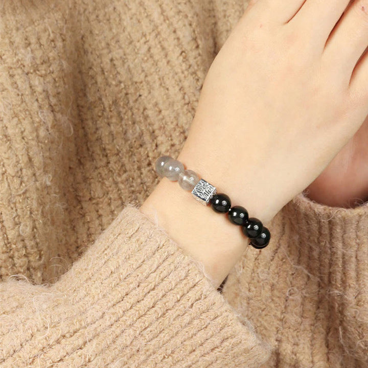 Bracelet de force en forme de cube en pierre de lune et quartz rutile noir en obsidienne noire Buddha Stones