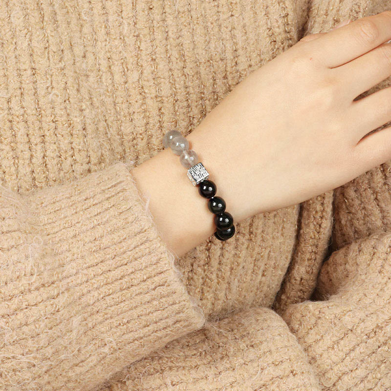 Bracelet de force en forme de cube en pierre de lune et quartz rutile noir en obsidienne noire Buddha Stones