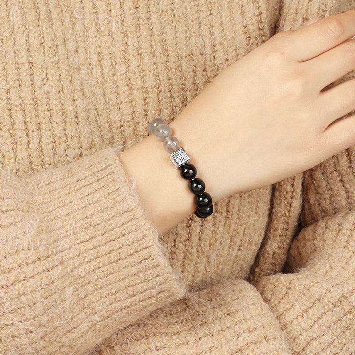 Bracelet de force en forme de cube en pierre de lune et quartz rutile noir en obsidienne noire Buddha Stones