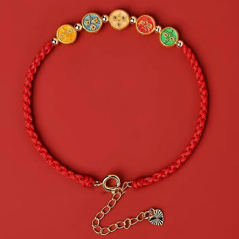 Bracelet de connexion à cinq voies avec le dieu de la richesse en argent sterling 925 et cordon rouge Buddha Stones