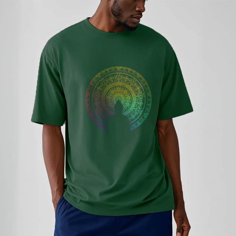 T-shirt en coton avec motif mandala dégradé coloré et Buddha Stones - image 7