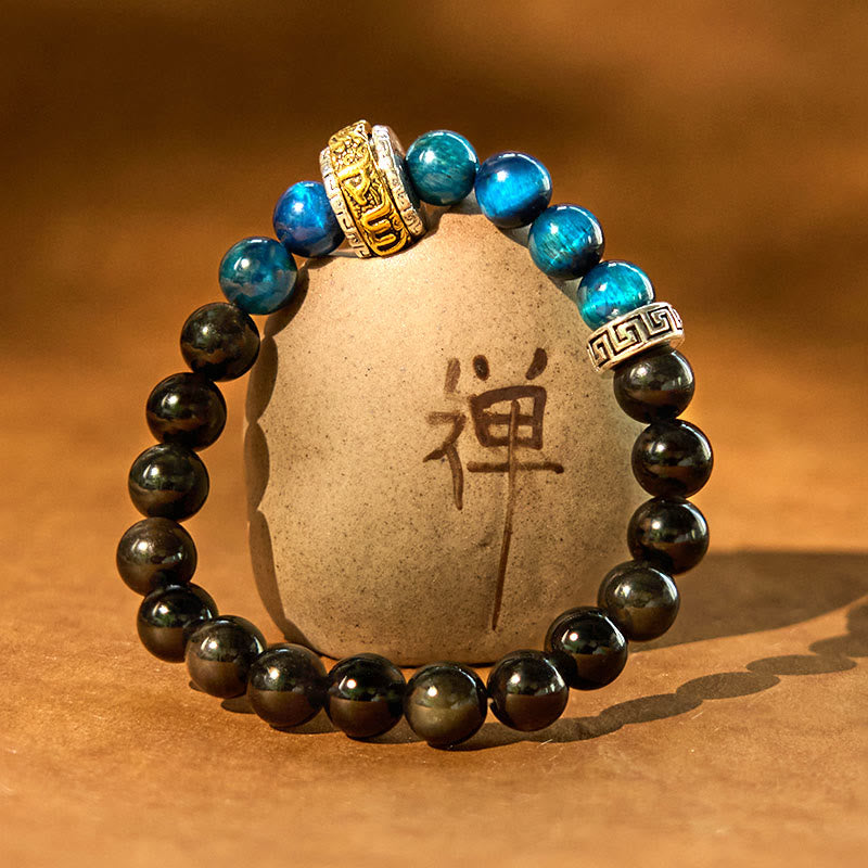 Bracelet de protection œil de tigre bleu en obsidienne argentée et brillante de Buddha Stones