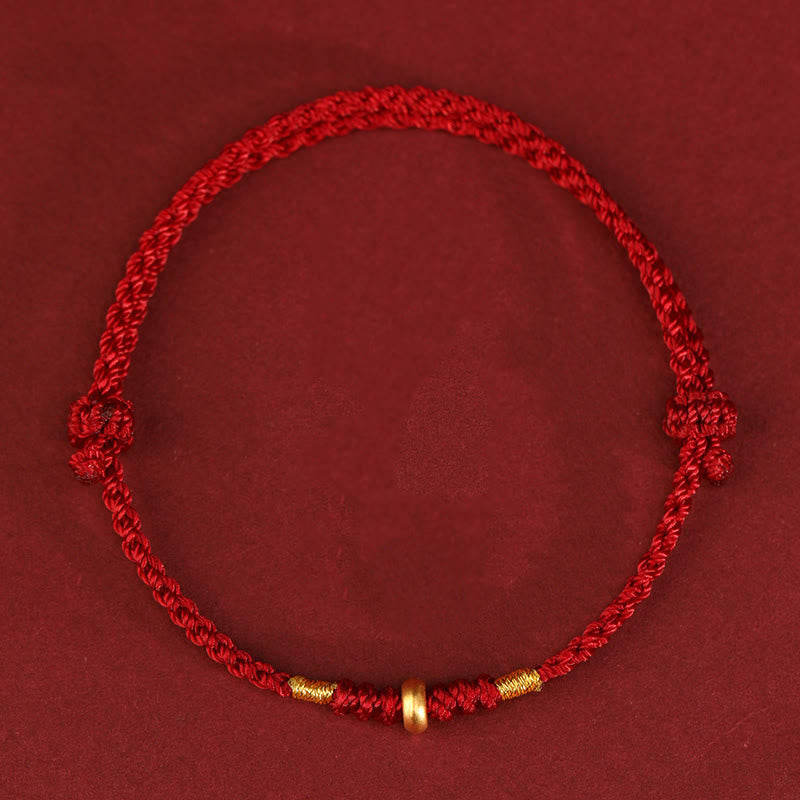 Bracelet de cheville tressé en perles porte-bonheur en or 999 avec Buddha Stones - Bracelet de cheville en or 999 (circonférence 19-23 cm) - Corde rouge foncé - image 1