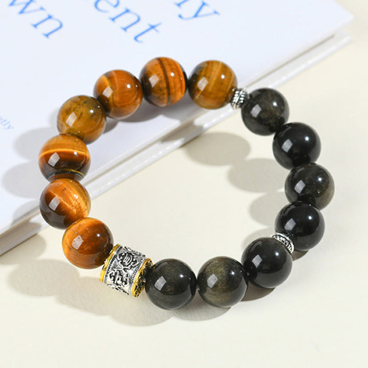 Bracelet en Buddha Stones en œil de tigre et obsidienne dorée brillante Om Mani Padme Hum