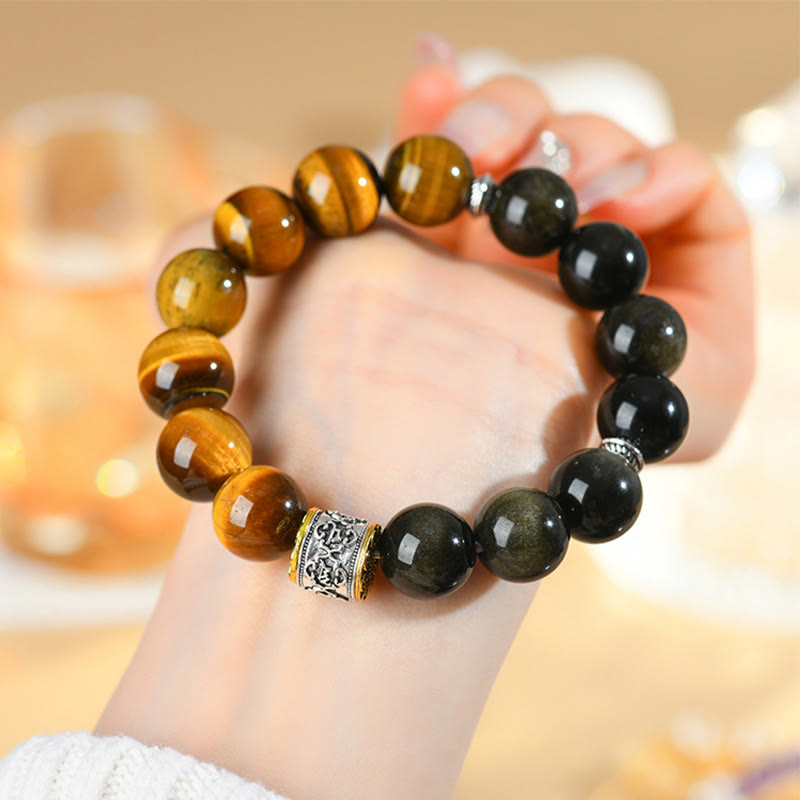 Bracelet en Buddha Stones en œil de tigre et obsidienne dorée brillante Om Mani Padme Hum