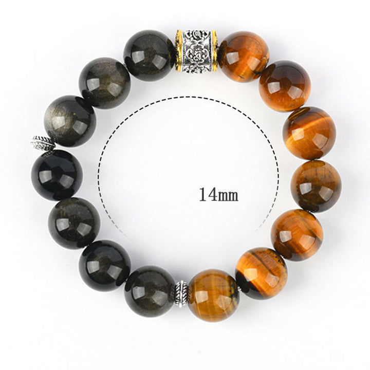 Bracelet en Buddha Stones en œil de tigre et obsidienne dorée brillante Om Mani Padme Hum