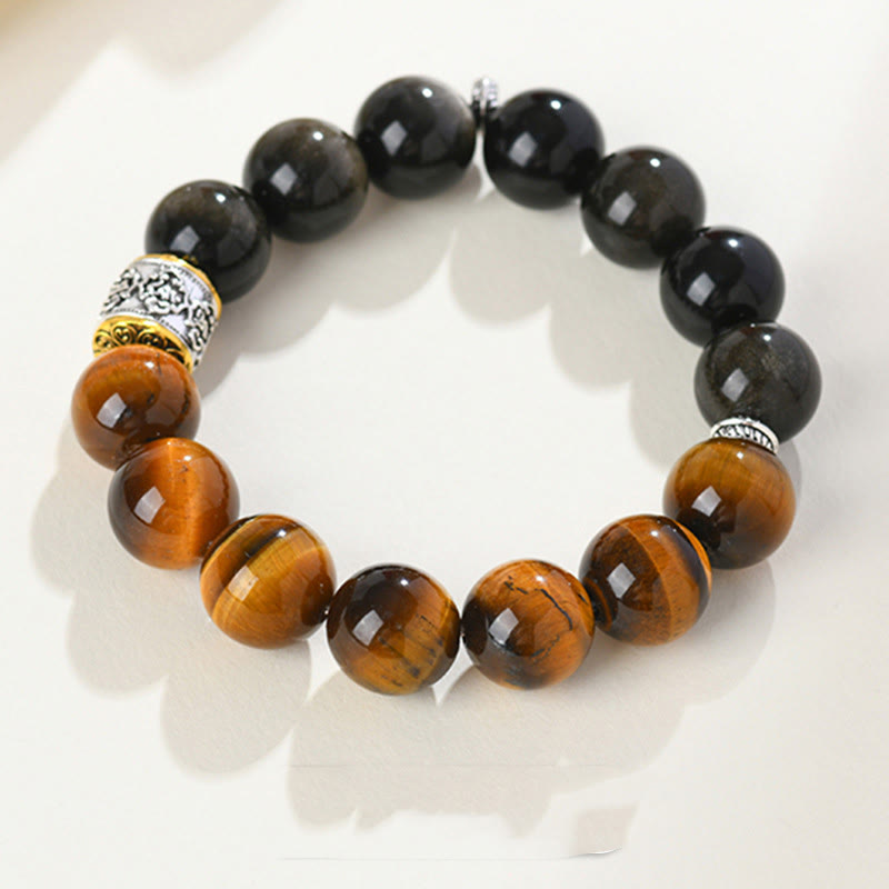 Bracelet en Buddha Stones en œil de tigre et obsidienne dorée brillante Om Mani Padme Hum