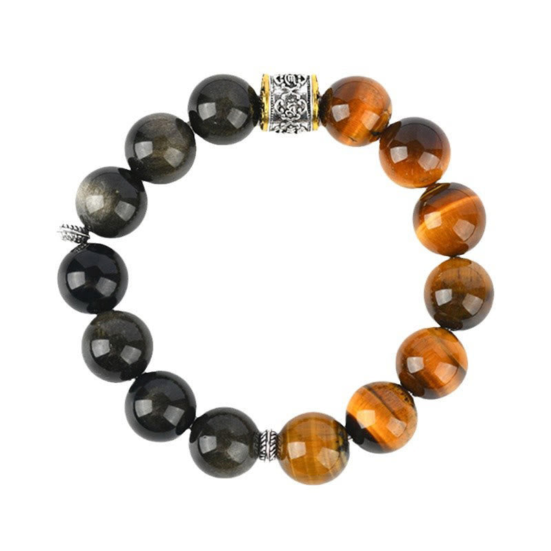 Bracelet en Buddha Stones en œil de tigre et obsidienne dorée brillante Om Mani Padme Hum