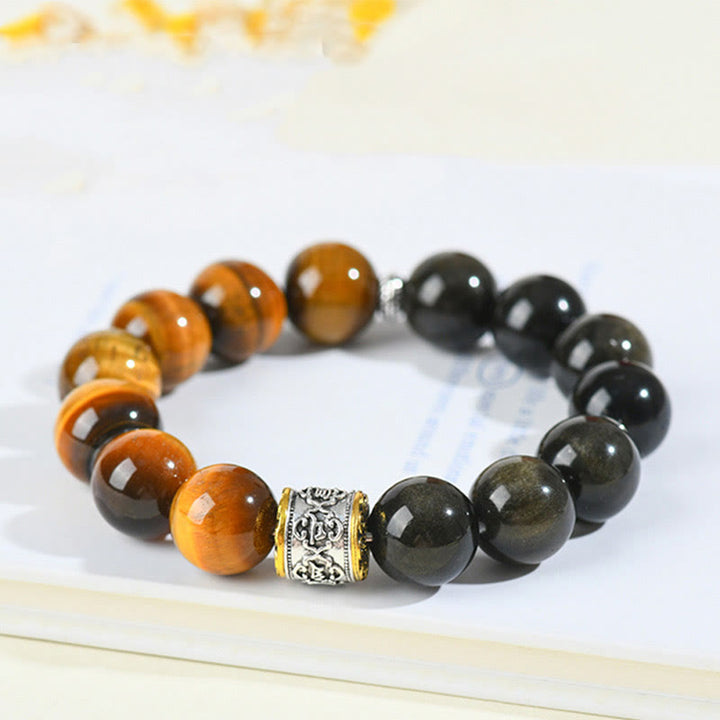 Bracelet en Buddha Stones en œil de tigre et obsidienne dorée brillante Om Mani Padme Hum