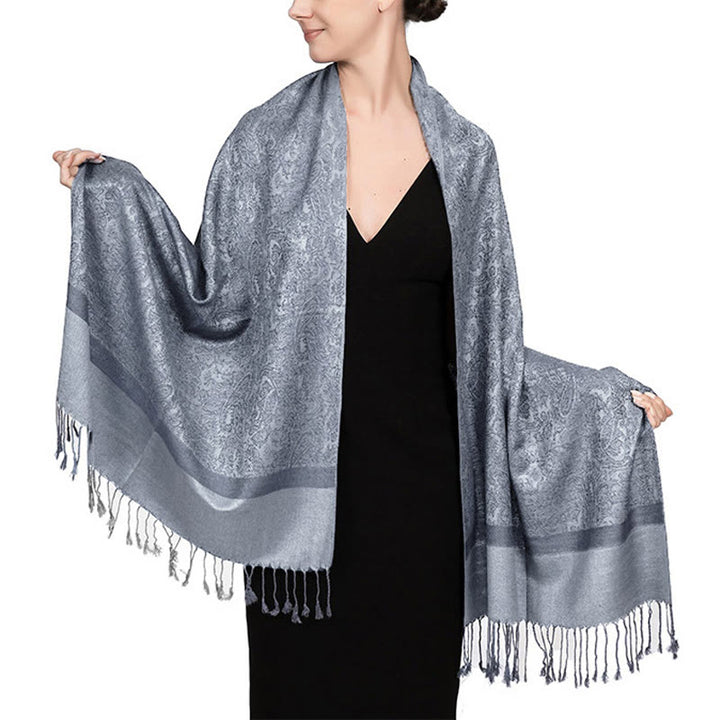Châle en jacquard à pompons en cajou tibétain avec Buddha Stones , écharpe chaude et confortable pour le printemps, l'automne et l'hiver - Bleu ardoise foncé 180*70cm - image 42