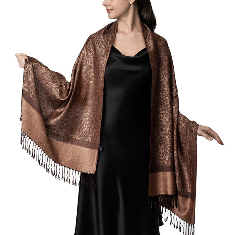 Châle en jacquard à pompons en cajou tibétain avec Buddha Stones , écharpe chaude et confortable pour le printemps, l'automne et l'hiver - Verge d'or foncée 180*70cm - image 1