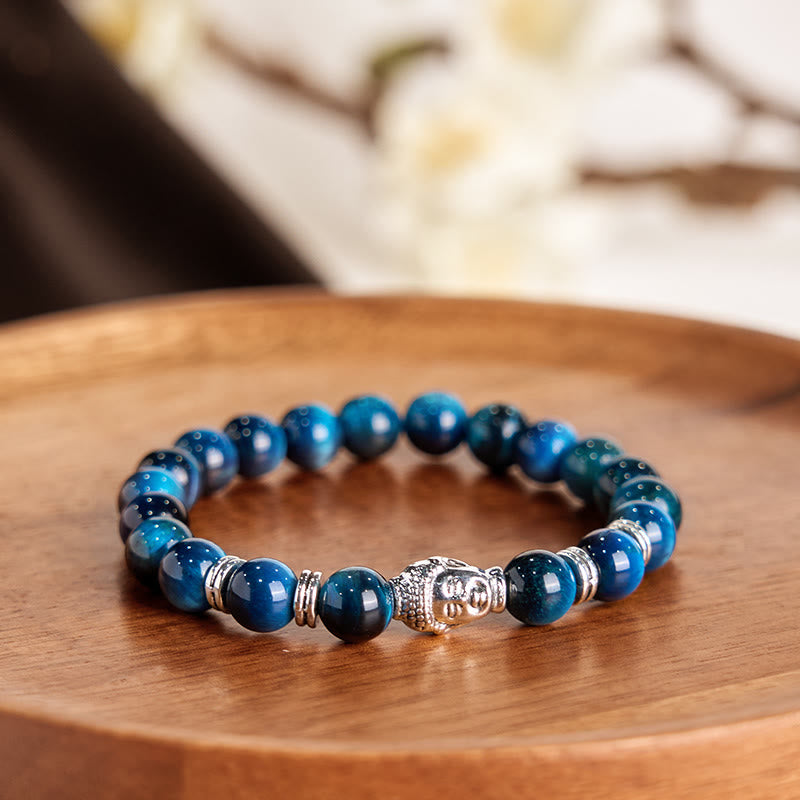 Bracelet d'équilibre tête de Bouddha œil de tigre bleu vert rouge Buddha Stones