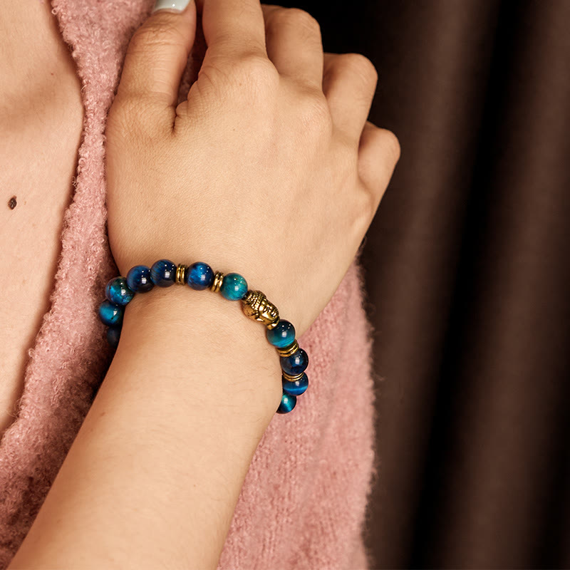 Bracelet d'équilibre tête de Bouddha œil de tigre bleu vert rouge Buddha Stones